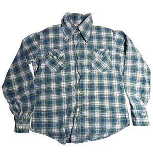 10 Vintage 1970's Girls Shirt BLUE/GREEN COTTON FLANNEL HAPPINESS IS Hippy Top